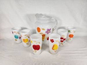 Vintage Glass Pitcher and Tumblers with Fruit Design