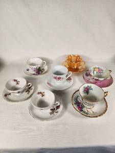 Set of Vintage Teacups and Saucers including Bone China, R & R, and Fire-King