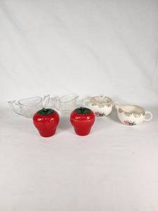 Vintage Kitchenware including Creamer and Sugar Bowl, Strawberry Containers, and Glass Gravy Boats