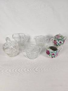 Cut Glass Creamers and Sugar Bowls with Hand-Painted Japan Porcelain