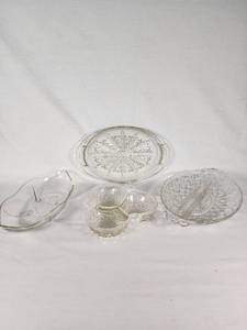 Lot of Clear Glass Serving Dishes and Divided Bowls, Various Designs