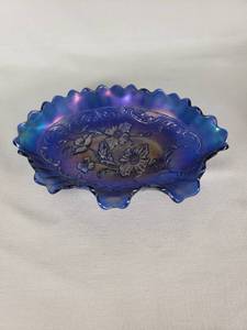 Blue Iridescent Glass Bowl with Floral Design