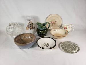Vintage Glassware and Ceramics Lot including Green Pitcher, Floral Plates, and Bowls