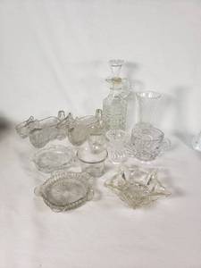 Glassware Lot including Decanters, Vases, and Bowls