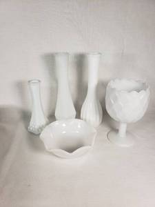 Lot of Vintage Milk Glass Vases and Bowls