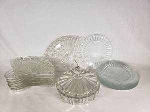 Lot of Vintage Glassware Including Plates, Fan-Shaped Dishes, and a Covered Dish