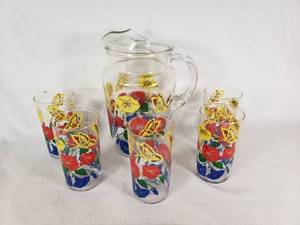 Lot of Vintage Glass Pitcher and Tumblers with Floral Design
