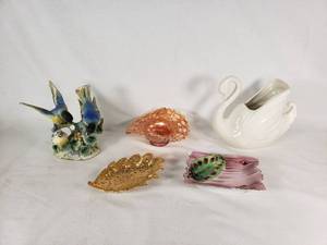 Vintage Porcelain and Ceramic Decor Lot Including Chubu China Plate, Leaf Dish, and Bird Figurine