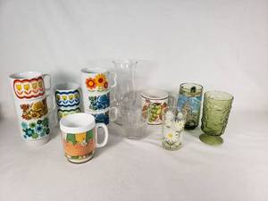 Lot of Vintage Floral and Patterned Mugs and Glassware