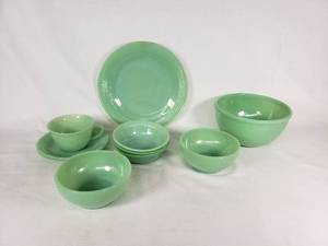 Lot of Vintage Green Jadeite Glass Dinnerware Including Bowls, Plates, and Cups