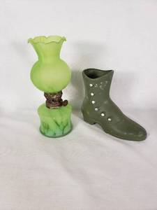 Green Glass Oil Lamp and Decorative Boot Vase