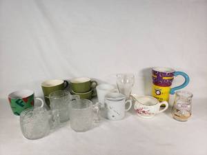Assorted Mugs and Cups Including Coca-Cola Glass and Floral Creamer