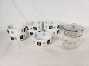 MCM Federal Glass Atomic Starburst Milk Glass Bowls & Glassware Set