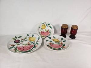 Hand Painted Italian Fruit Plates and Wheaton NJ Glass Jars with Corks