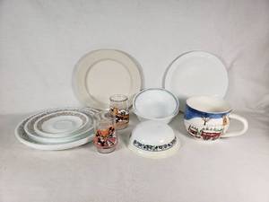 Corelle Dinnerware Lot  including Plates, Bowls, and Mugs with Disney Welchs Glasses
