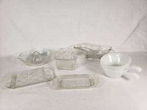 Vintage Glass and Milk Glass Kitchen Items including Juicer, Butter Dish, and Gravy Boat