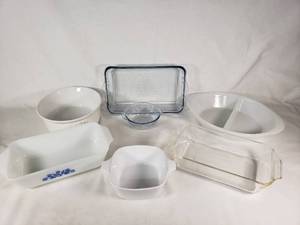 CorningWare, Fire-King, Glasbake, and Anchor Hocking Bakeware including Loaf Pans, Casserole Dish, and Divided Dish