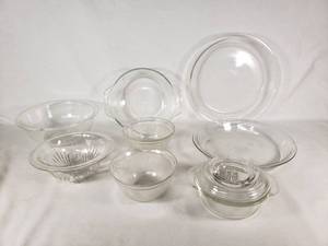 Pyrex and Fire-King Glass Bakeware including Pie Plate, Casserole Dish, and Mixing Bowls