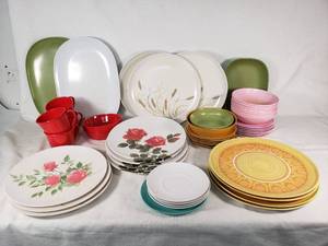 Melamine Dinnerware with Floral and Geometric Patterns, Various Colors and Sizes and Other Plates Too