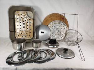 Lot of Kitchen Cookware and Accessories including Roasting Pan, Perforated Trays, Pots, and Lids