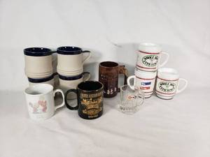 Mug Lot including Mountainside Stoneware and San Antonio River Walk Mug, A&W Root Beer Glass, and Whole Hog Efficiency Mugs