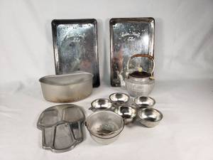 Vintage Aluminum Kitchenware including Bake-King Pans, Grease Kettle, and Utensils