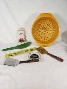 Vintage Kitchen and Promotional Items including Utensils, Ashtray, Strainer, and More - Morgan Farmers Elevator, V and M Grill Mankato, 1939 Lillian Creamery