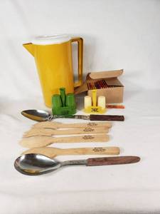Lot of Vintage Kitchen and Promotional Items Including Yellow Pitcher, Wooden Spoons, and Pencil Set - Ginsburgs Hector, Hector elevator, Gambles Hector, MN and More