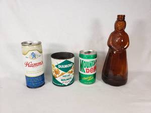Hamms Beer Can, Diamond Shelled Walnuts Can, Mountain Dew Can, and Mrs. Butterworth Glass Bottle