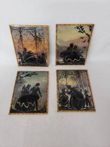 Set of Four Vintage Silhouette Reverse Paintings on Glass - Each 8 tall