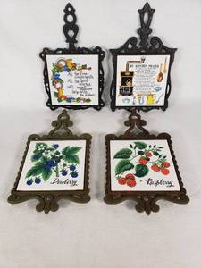 Lot of 4 Vintage Cast Iron & Ceramic Tile Kitchen Wall Plaques - Kitschy & Berry Motifs