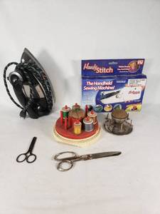 General Electric Vintage Iron, Handy Stitch Handheld Sewing Machine, and Sewing Supplies