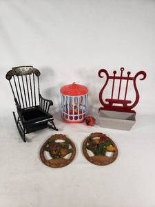 Decorative Home Items Including Black Rocking Chair, Red Music Stand Holder, and Floral Wall Plaques - SHort 8 tall