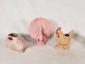 Vintage SMall Ceramic Animal Planters and FIgurine - Pink Rabbit, Peacock & Chicken