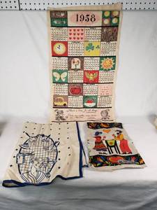 1958 Parisian Prints Linen Calendar, Blue Kitchen Graphic Towel, and Colorful Dining Scene Towel