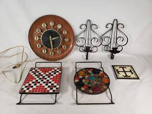Mid-Century Decorative Items Lot including Spartus Wall Clock, Mosaic Trivets, and Candle Holders