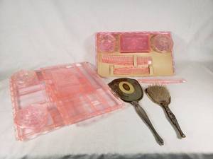 Pink Depression Glass Vanity Set with Mirror and Brush