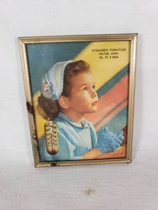 Utgaards Furniture Hector, Minn 1960 Advertising Thermometer with Calendar featuring a framed image of a child