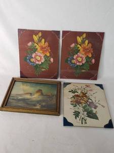 Vintage Floral and Landscape Artwork Collection including Chirat Signed Print and Framed Scenic Painting