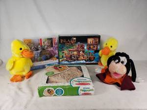 Ty Beanie Buddies Duck Plush, EuroGraphics Knittin Kittens Puzzle, Island Pier Building Set, Melissa & Doug Birdhouse Kit, and Character Hand Puppet