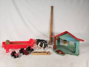 Wooden Train Whistle, Toy Barn, and Toy Tractors with Accessories
