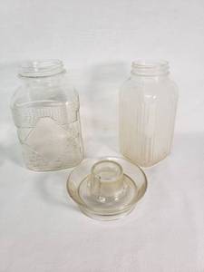Vintage Glass Jars and Chicken Waterer Base