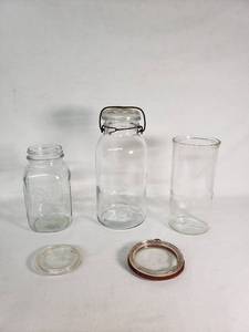 Vintage Glass Canning Jars Including Ball Mason and Wire Clamp Jar