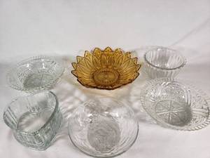 Mixed Glass Bowls, Including Amber and Clear Cut Glass Designs