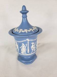 Wedgwood-Style Blue and White Lidded Vase