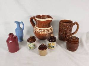 Vintage Ceramic Pottery Lot including Pitcher, Mugs, and Miniature Jugs