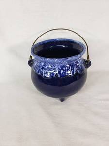 Ceramic Blue Glazed Cauldron with Handle