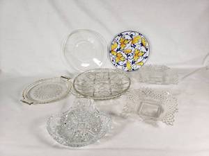 Glass and Ceramic Serving Dishes and Platters including Floral Plate, Cut Glass Bowls, and Serving Trays