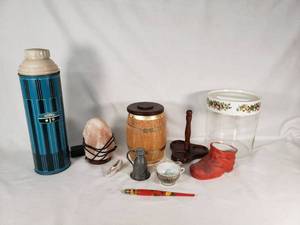 Vintage Thermos, Salt Lamp, Wooden Barrel Bank, and Miscellaneous Items