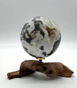 Moss Agate Sphere With Druzy Quartz on Wood Stand